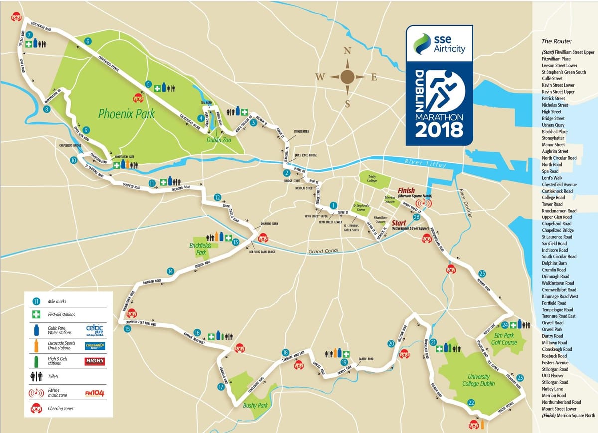 La ciudad de dublín ruta de la maratón mapa
